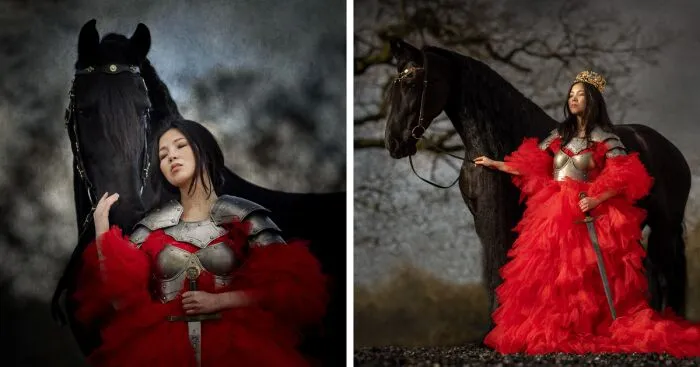 We Did An Enchanted Autumn Warrior Queen Photoshoot With A Sword, A Red Dress, And A Black Horse (10 Pics)
