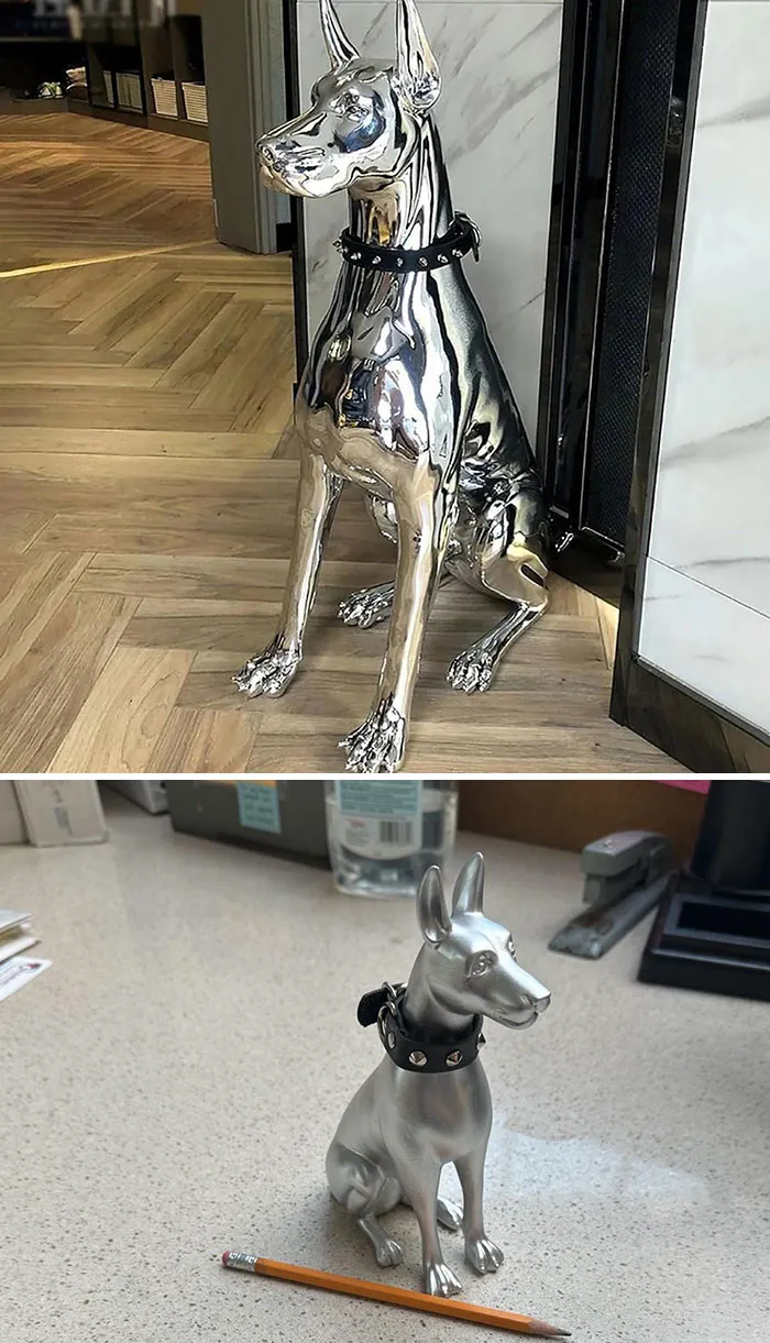 Ordenó una hermosa estatua de cromo de un Doberman, la descripción decía 90 cms de altura