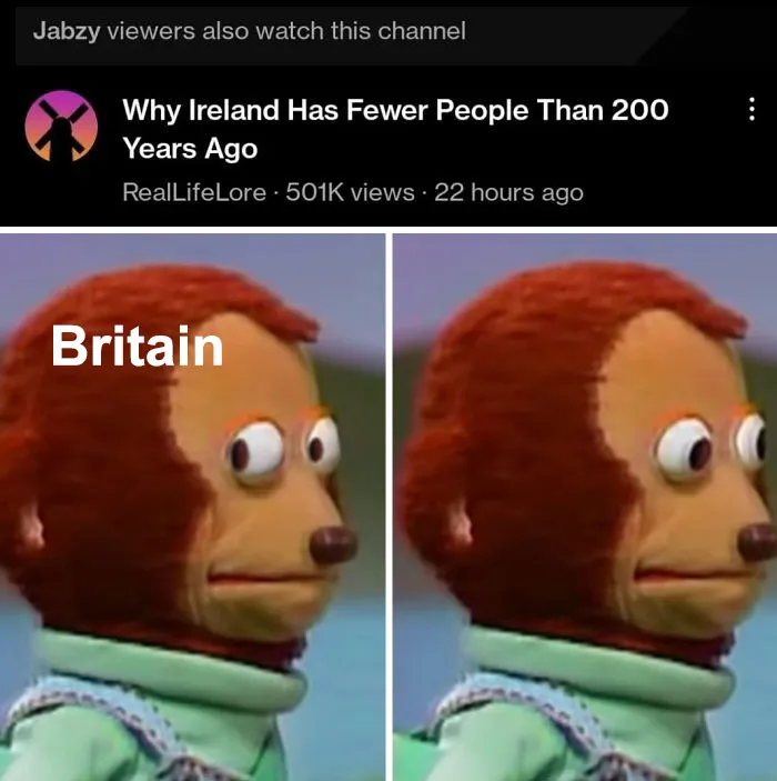 Britain puppet meme reacting to history lesson on Ireland's population decline in YouTube video screenshot.