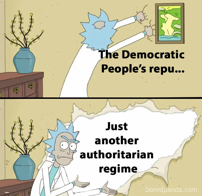 Cartoon character tearing a wall to reveal text criticizing authoritarian regimes, reflecting historical lessons.