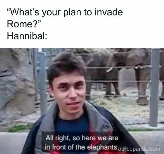 Man in front of elephants, meme about Hannibal's plan to invade Rome, blending humor with a history lesson.