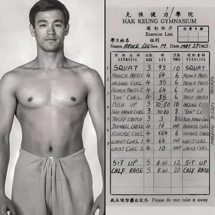Régimen de ejercicios del joven Bruce Lee a los 25 años el 27 de mayo de 1965
