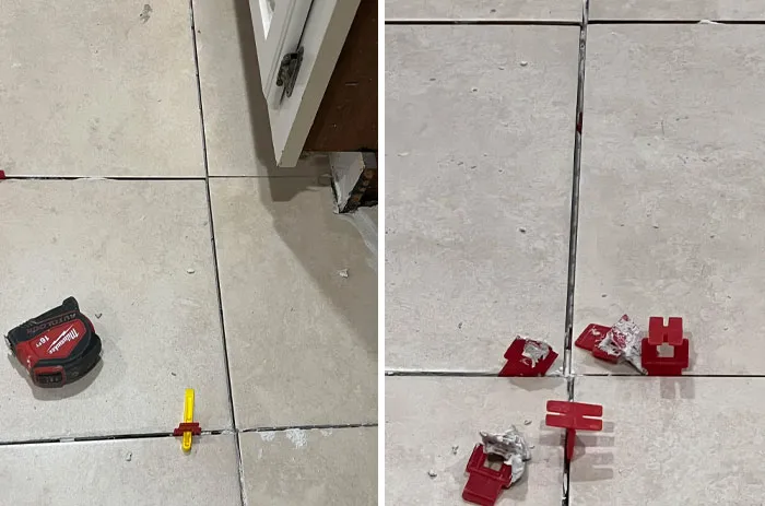 Unevenly laid floor tiles with visible gaps, highlighting a home improvement fail.