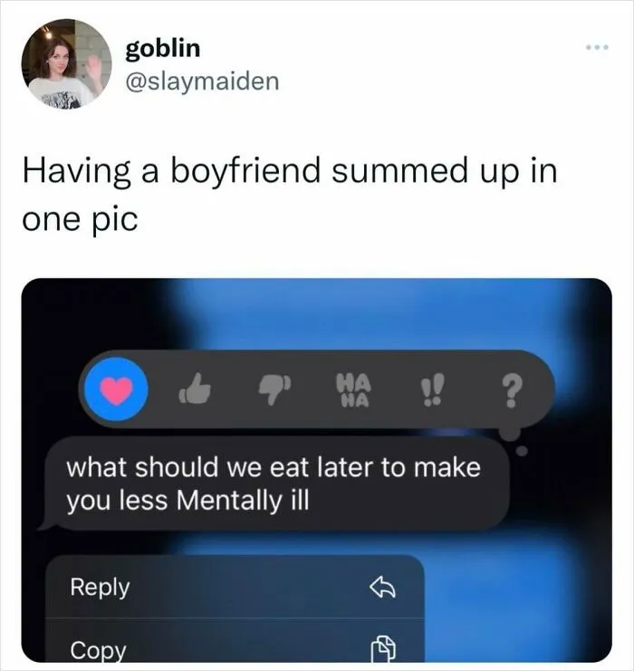 Funny tweet about relationships with message asking about food to improve mental health.