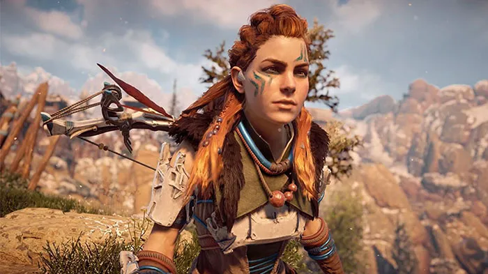 Strong female protagonist with braided red hair and tribal attire, wielding a bow against a mountainous backdrop.
