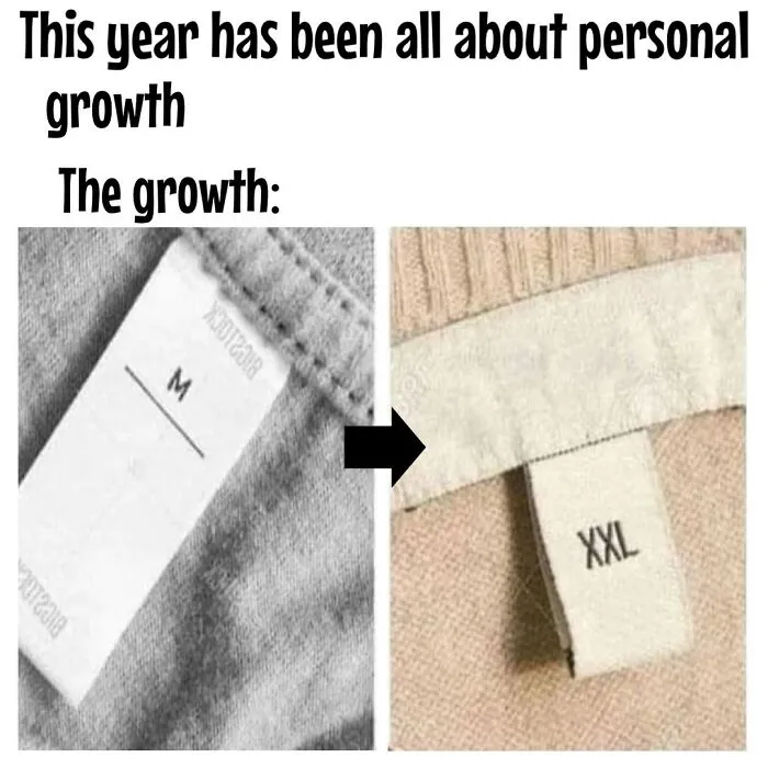 Meme showing dieting frustrations with size tags changing from M to XXL.
