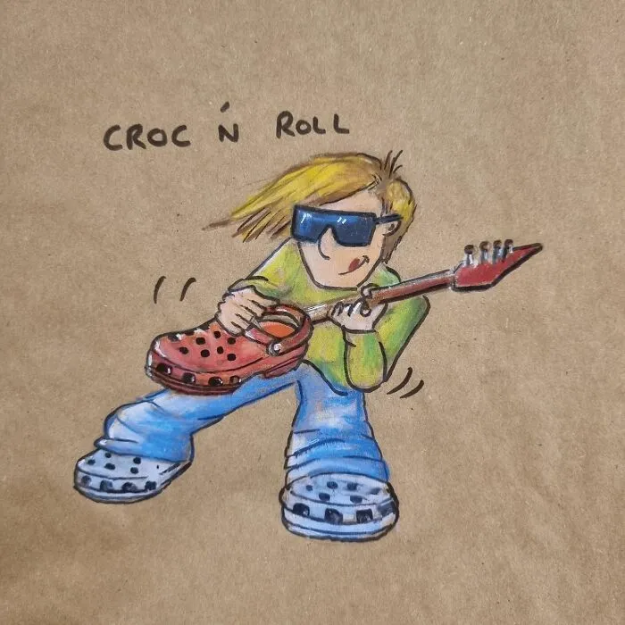 Cartoon illustration of a person playing a guitar-shaped croc, labeled "Croc 'n Roll," on a lunch bag.