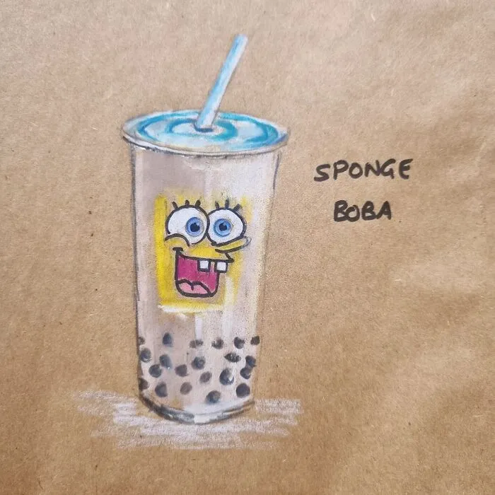 Cartoon drawing of a boba tea cup with a smiling sponge character on a lunch bag, labeled "Sponge Boba".