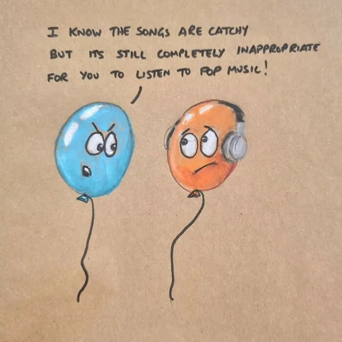 Cartoon of talking balloons, one with headphones, featuring a pun about pop music on a brown lunch bag.