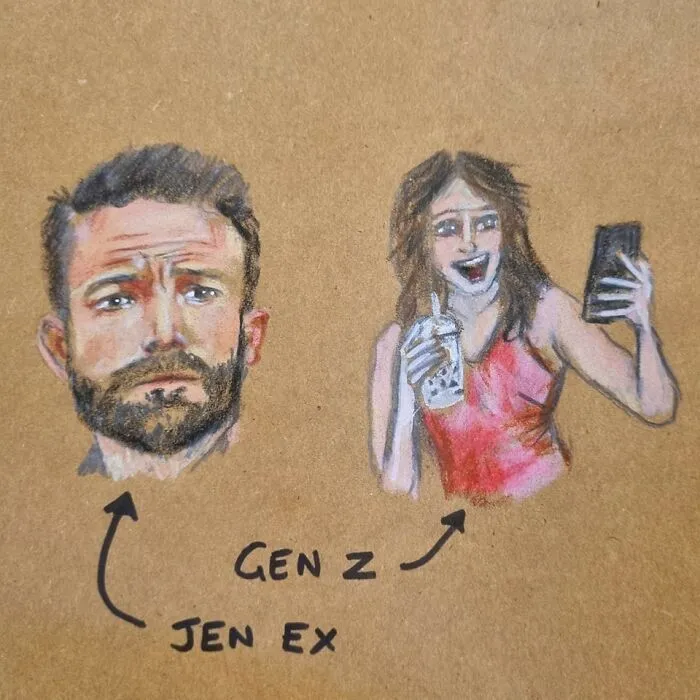 Cartoon drawing with pun showing "Gen Z" and "Jen Ex" on a lunch bag.