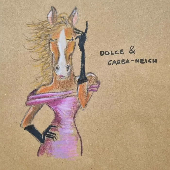 Cartoon horse in a dress labeled "Dolce & Gabba-Neigh" from lunch bag drawing series with puns.