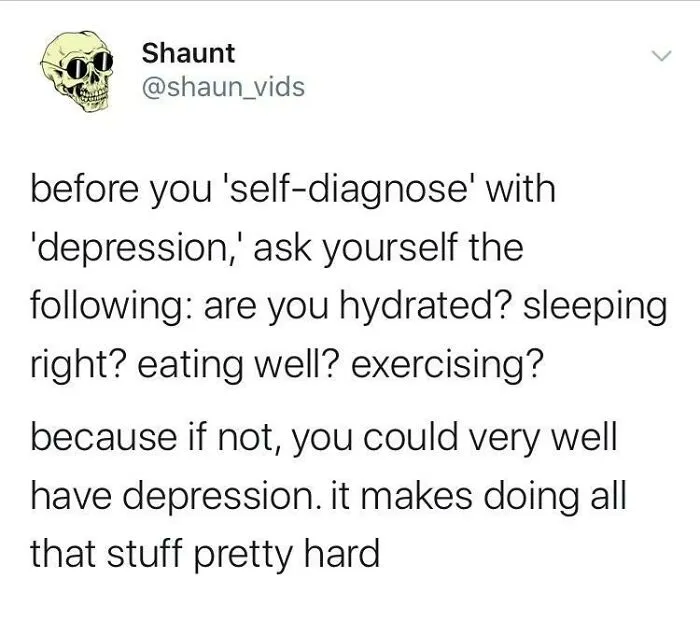 Tweet encouraging self-care before self-diagnosing depression, promoting wholesome mental health practices.