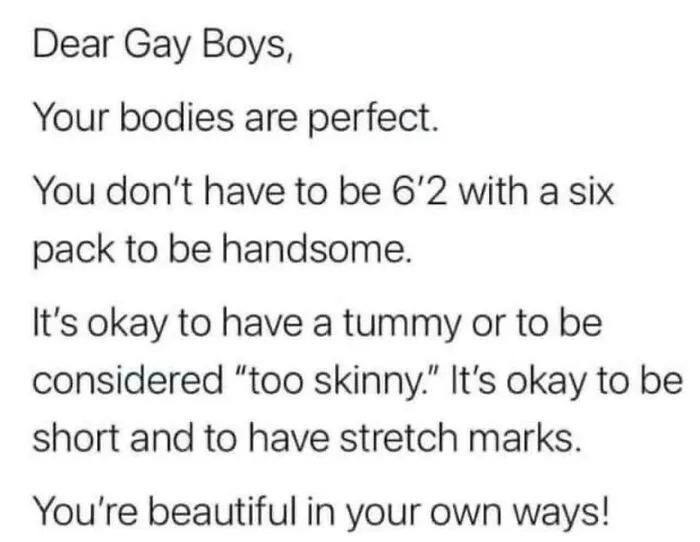 Message supporting self-acceptance and body positivity for gay boys, encouraging confidence in one's unique appearance.