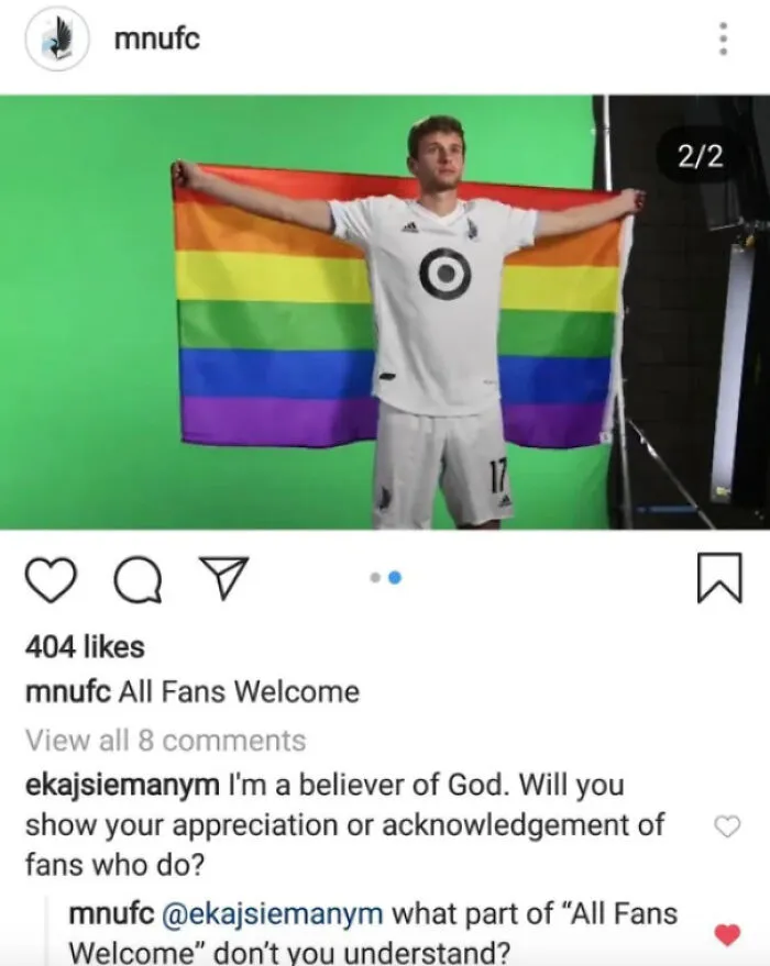 Soccer player holding a rainbow flag, promoting inclusivity with a caption that reads "All Fans Welcome."
