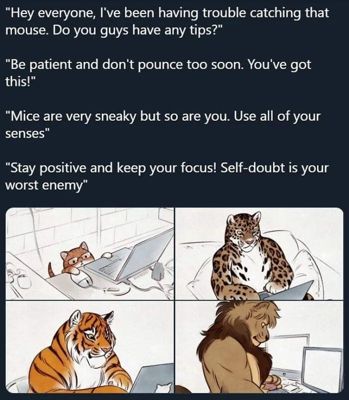 Animals exchanging wholesome online advice, with a cat, leopard, tiger, and lion using laptops.