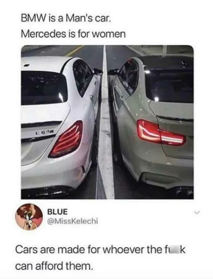 Two cars parked side by side with a tweet emphasizing inclusivity over stereotypes.