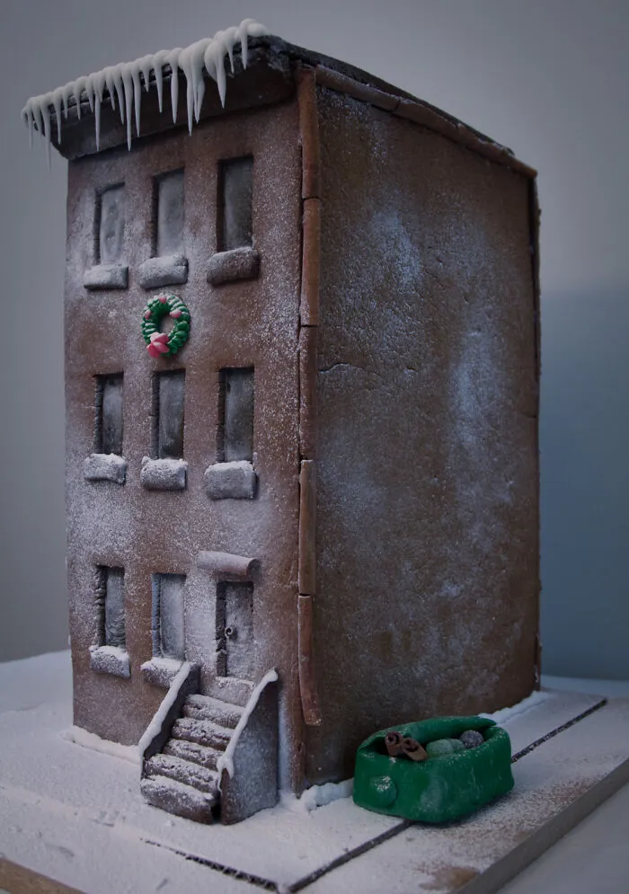 Gingerbread House: 3-Story Low-Income Rent-Controlled Brownstone Apartment Building In A Gentrified Neighbourhood With Candy Glass Windows, Cinnamon Gutters, And Fondant Dumpster. [oc][1126x1600]