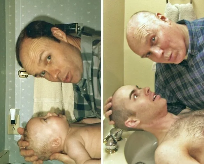 Father Washing His Baby Boy In The Sink