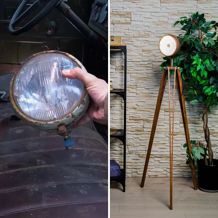Restauré este faro oxidado y roto de un Chevy de 1940 y lo transformé en una lámpara de pie