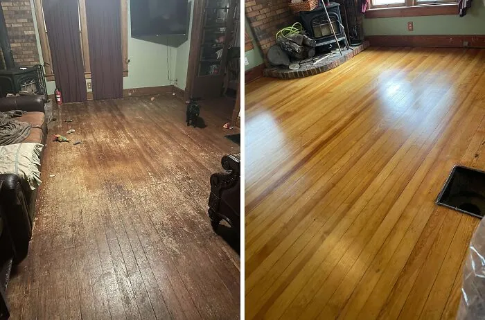Don’t Know If This Belongs On This Sub. The Previous Owners Of Our 1918 Home Put A Cheap Ugly Finish On The Floors. Second Photo Is The Refinished Result