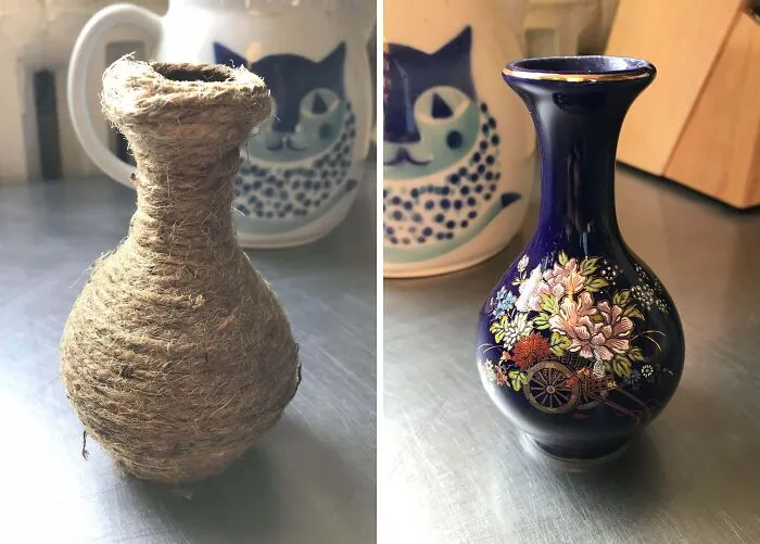 Vi un poco de cobalto en el fondo de este florero. Quité el cordel y la cola caliente y descubrí que tenía tres capas de pintura (negra, dorada y roja). Un poco de remojo en agua hirviendo y algunos pelados de pintura muy satisfactorios me dieron esto