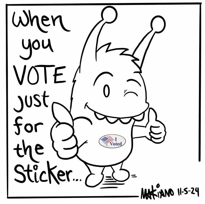 Adorable cartoon character with "I Voted" sticker, winking and giving thumbs up by Mariano Velasco.