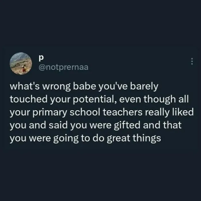 Relatable mental health meme about potential and teacher expectations in a humorous text format.