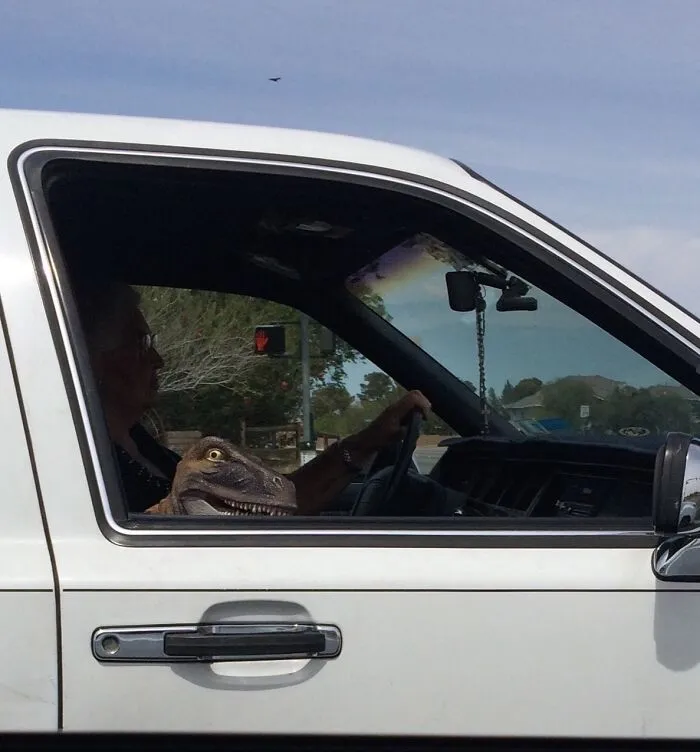 Stopped At A Red Light When Grandma Pulls Up With Her T-Rex Riding Shotty