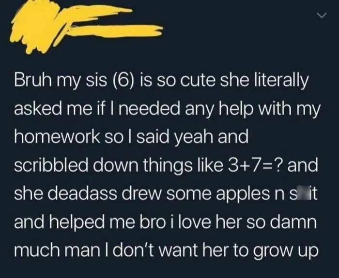 Cute sister helping with homework drawing apples; a wholesome internet moment.