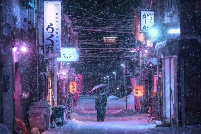 Snowy Night In Hokkaido, Japan