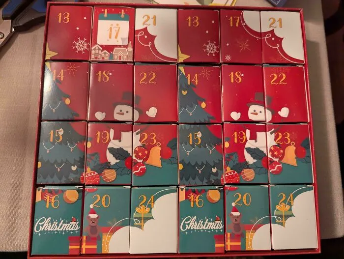 Christmas advent calendar with mixed-up dates, illustrating holiday mishaps.