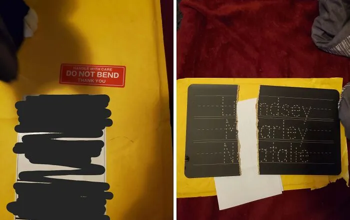 Damaged "Do Not Bend" package revealing disappointing presents with names.