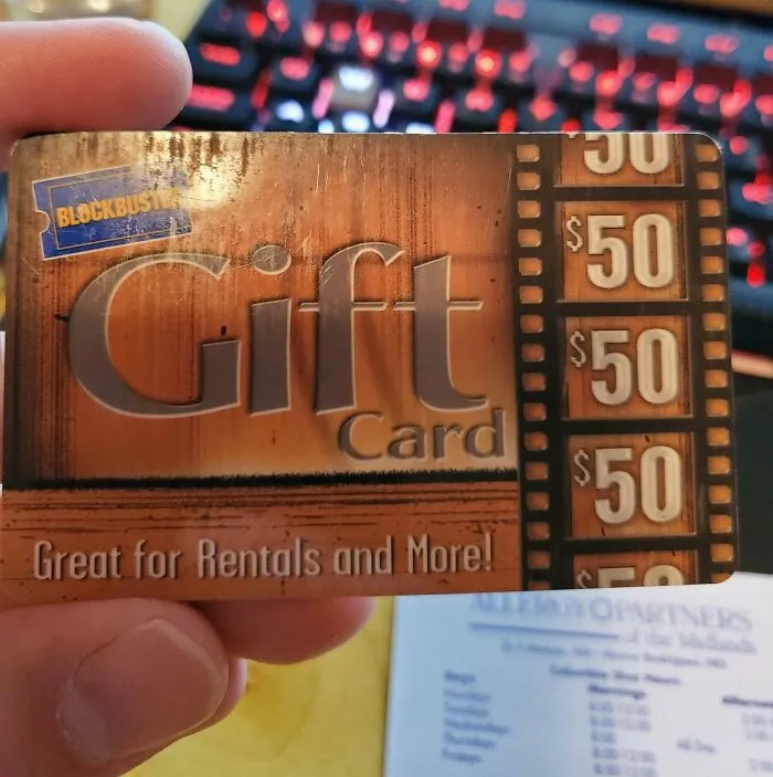 Blockbuster gift card with $50 value, representing disappointing presents gifts scenario.