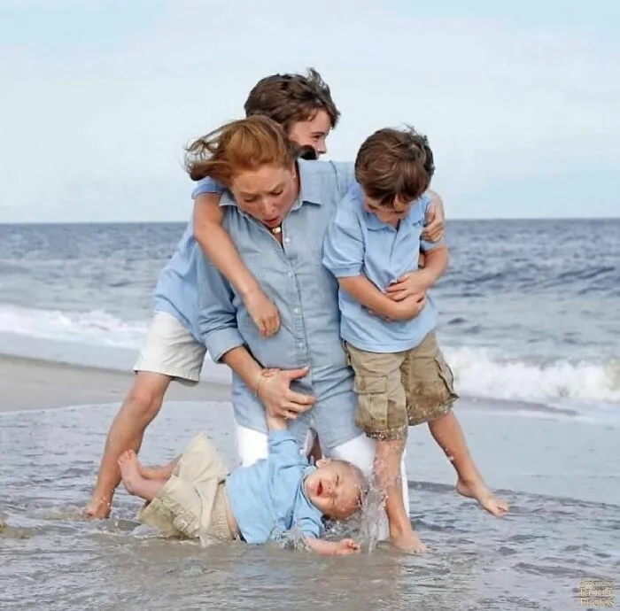 During Our ‘Perfect’ Beach Photo Shoot, My Oldest Son Jumped On My Back, Propelling My Infant Son Out Of My Arms (As My Middle Son Looked On In Amusement)