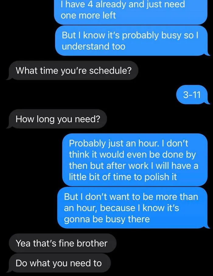 Chat exchange showing a supportive and understanding boss, highlighting good-funny-bosses vibes.