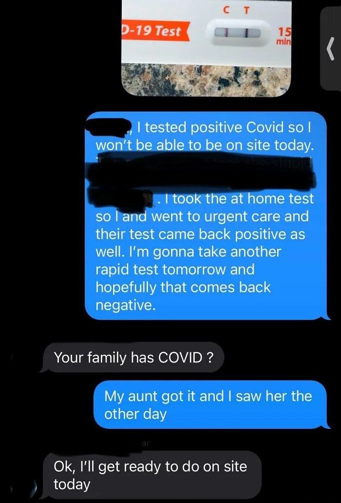 Text conversation about a positive COVID test and boss responding humorously.