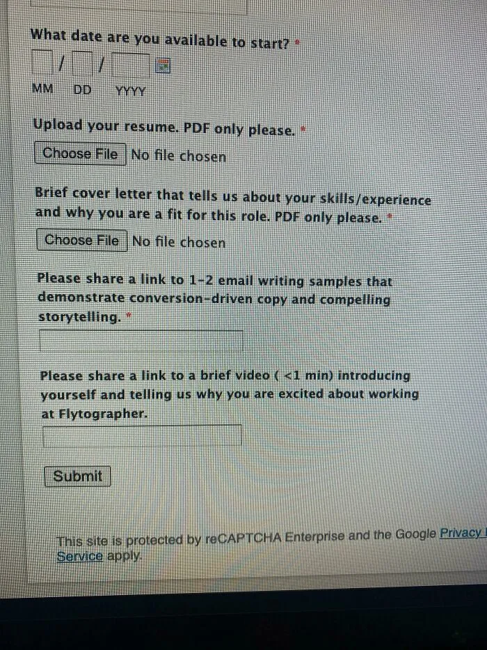 Job application form requesting resume, cover letter, and video introduction