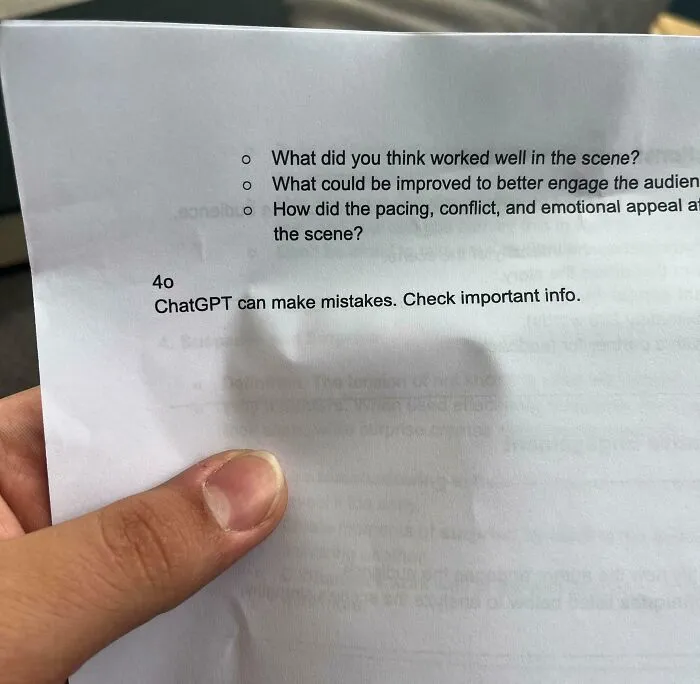 Hand holding a paper with feedback questions and a note on ChatGPT inaccuracies, related to school experiences.