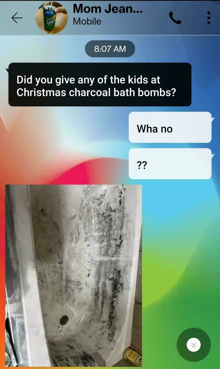 Charcoal bath bomb accident in bathtub during Christmas celebration.