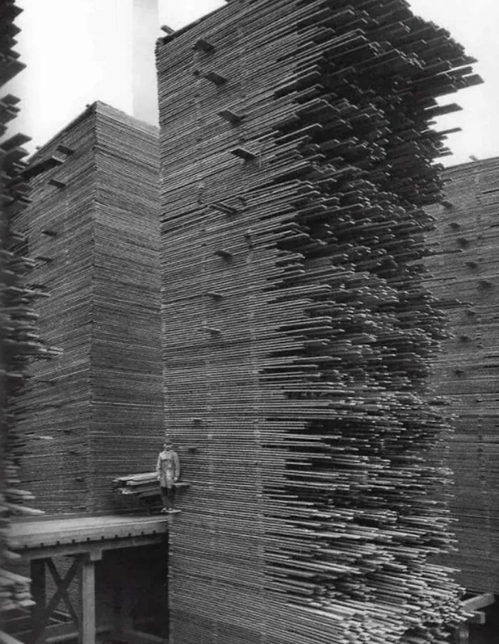 Man standing beside towering stacks of wooden planks illustrating scarily big size for megalophobia fear group.