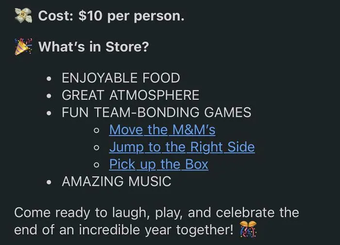 Event details listing food and team-bonding games for office party