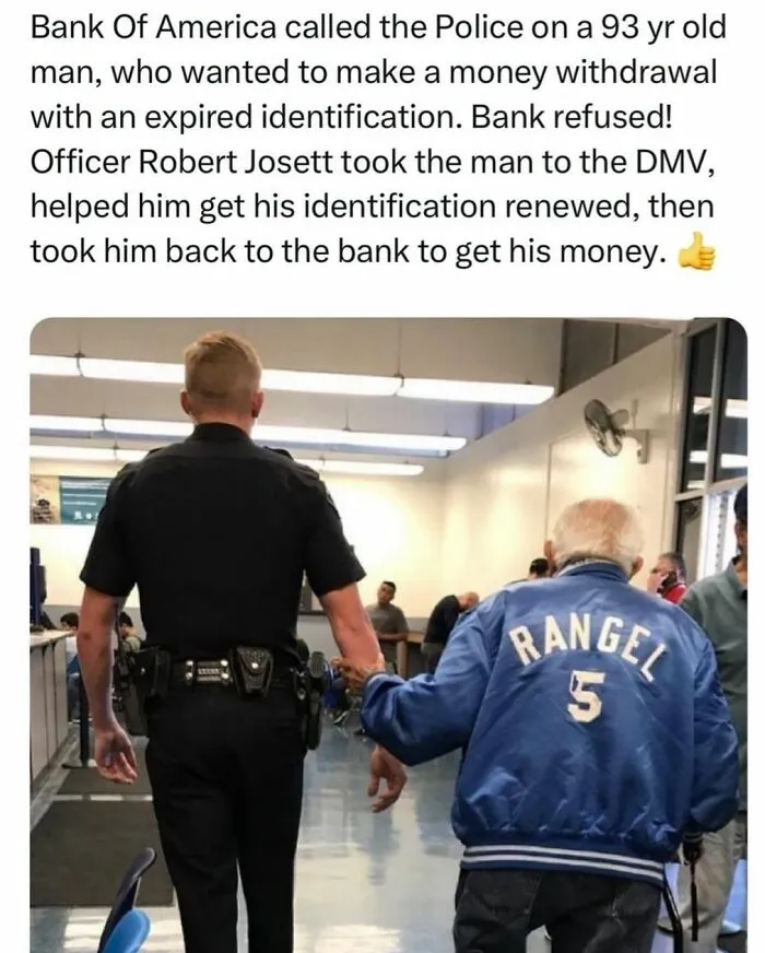 Police officer helping elderly man at a bank, illustrating wholesome kindness.