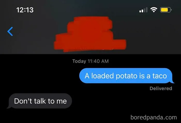 Text conversation humorously debating food identity, featuring a potato and taco comparison.