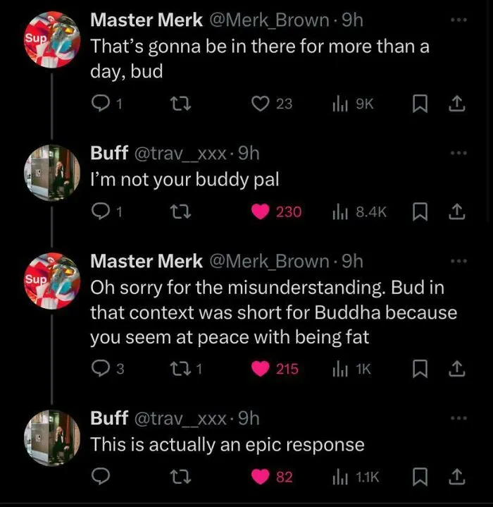 Twitter exchange with witty comebacks, showcasing funny people roasts.