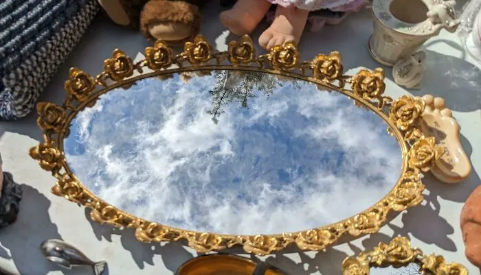 Rose Mirror Tray From A Flea Market Yesterday. The Sky Reflection Makes It Look Like A Portal To Another Realm 