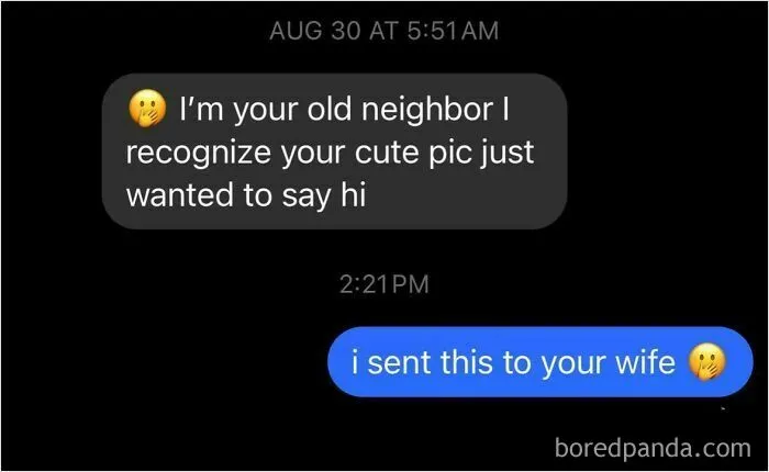 Text exchange with a clever roast, featuring a surprise response about sending a message to someone's wife.