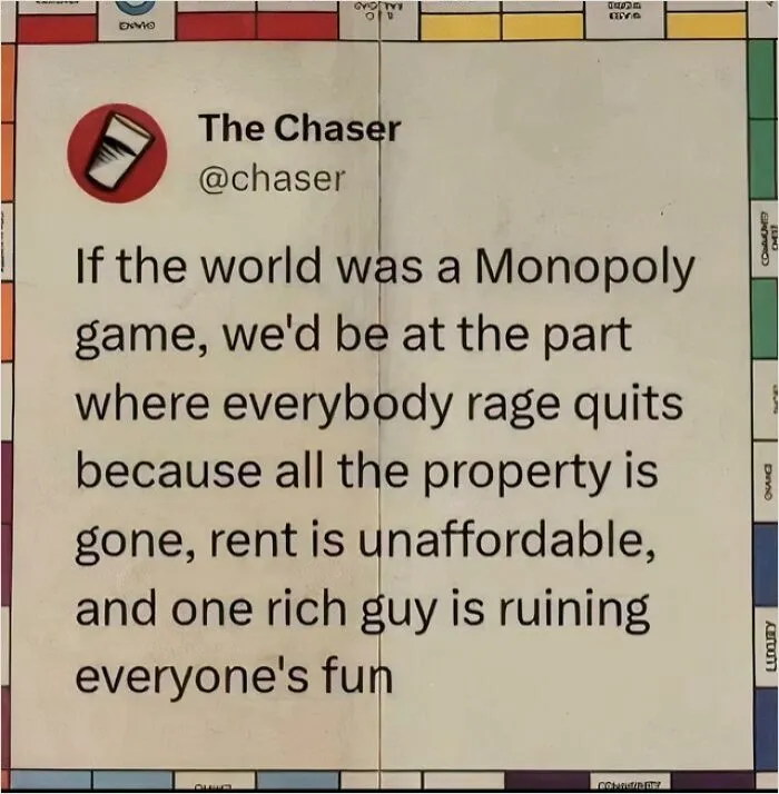 Tweet on lost generation theme, parodying Monopoly with rent unaffordable and property gone.