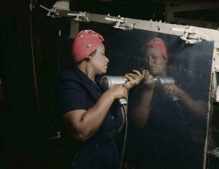 Woman In Vultee-Nashville, Tennessee Operating An Air Drill For A Dive Bomber, 1942. Not Colorized, Kodachrome