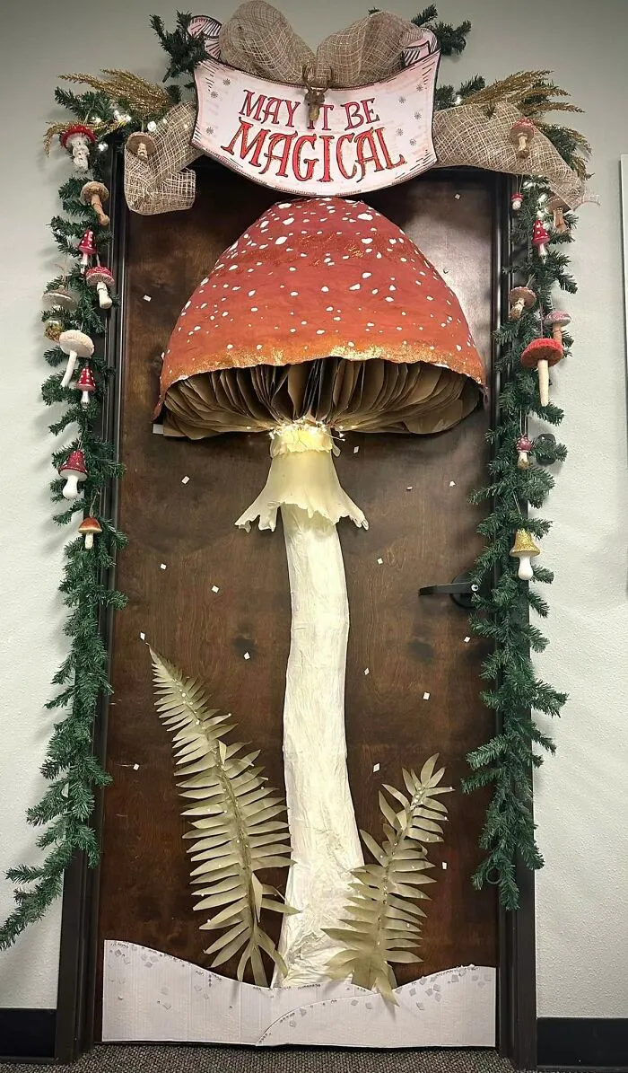 There Is A Door Decorating Contest Going On At My Company. I Crafted A Giant Amanita Muscaria From Papier-Maché!