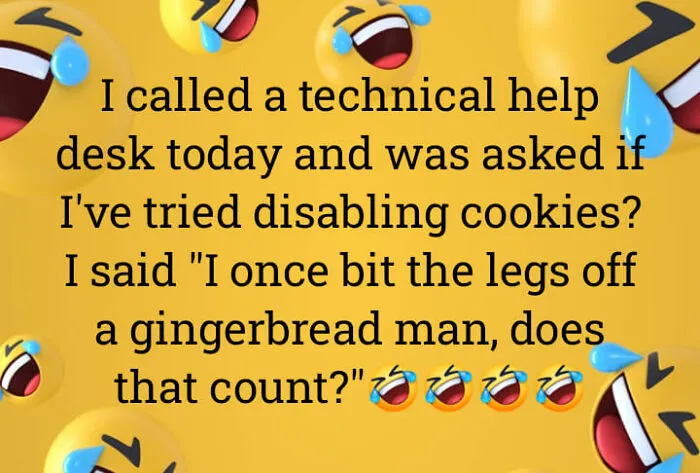 Text on yellow background with laughing emojis, showcasing dad humor about disabling cookies with a gingerbread man joke.